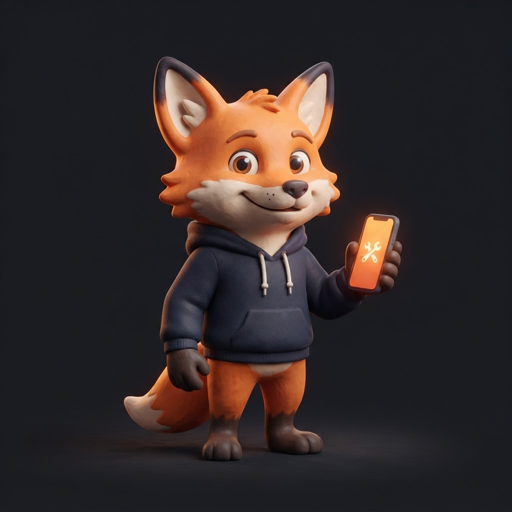 Raposa mascote da FoxCell segurando um celular